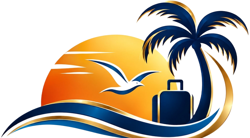 Afrimark Travel & Tours logo: palm tree, suitcase and seagull over a golden sunset