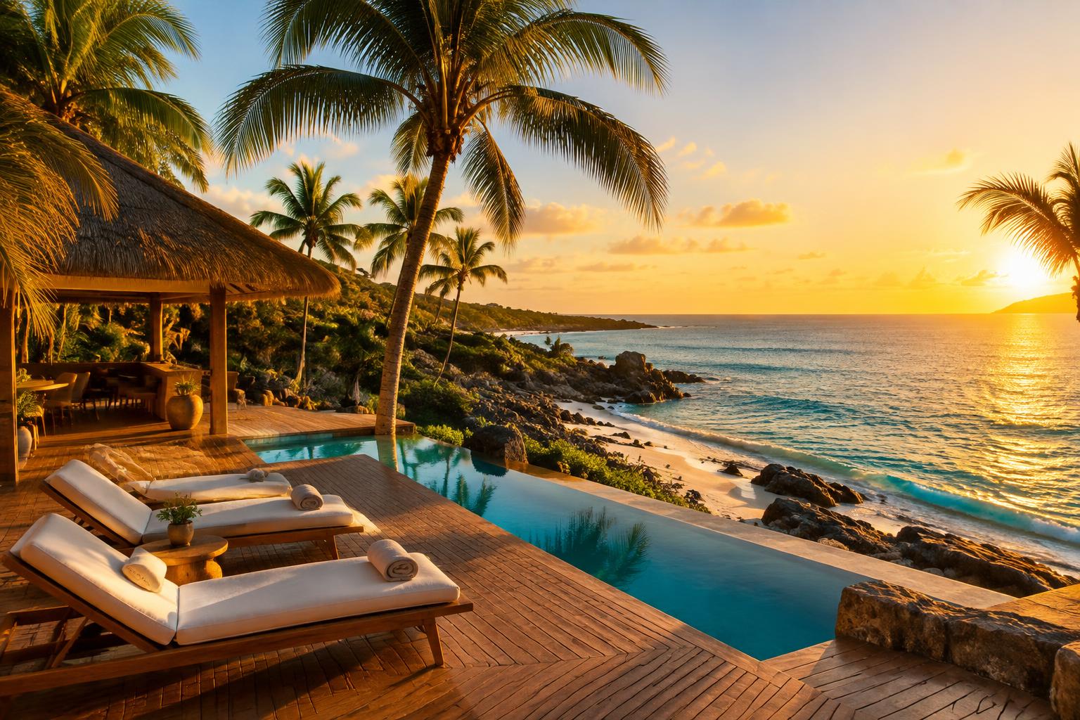 Palm-lined resort deck overlooking a turquoise ocean at sunset